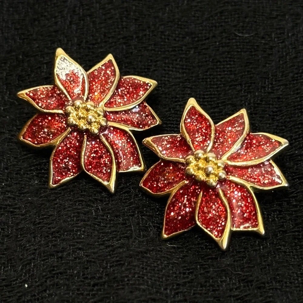 Vintage Avon of Belleville Red Poinsettia Stud Earrings Glitter Enamel Christmas